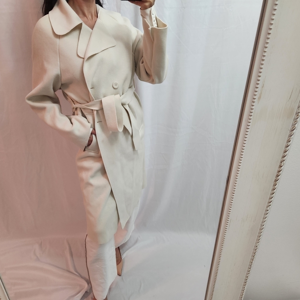 Elegant Cream Belted Coat J.ing Trench velvet winter Collared Fashion - Picture 2 of 8
